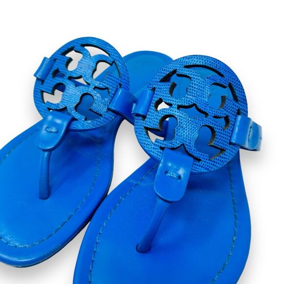 Tory Burch Tejus Embossed Leather Miller Sandal Bright Tropical Blue 5.5 Women’s - Picture 3 of 12
